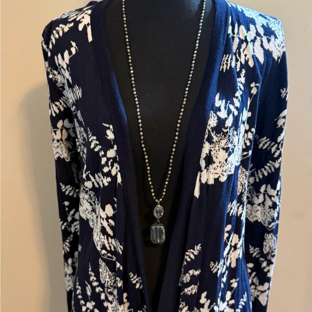 Navy & White Floral Open Front Cardigan